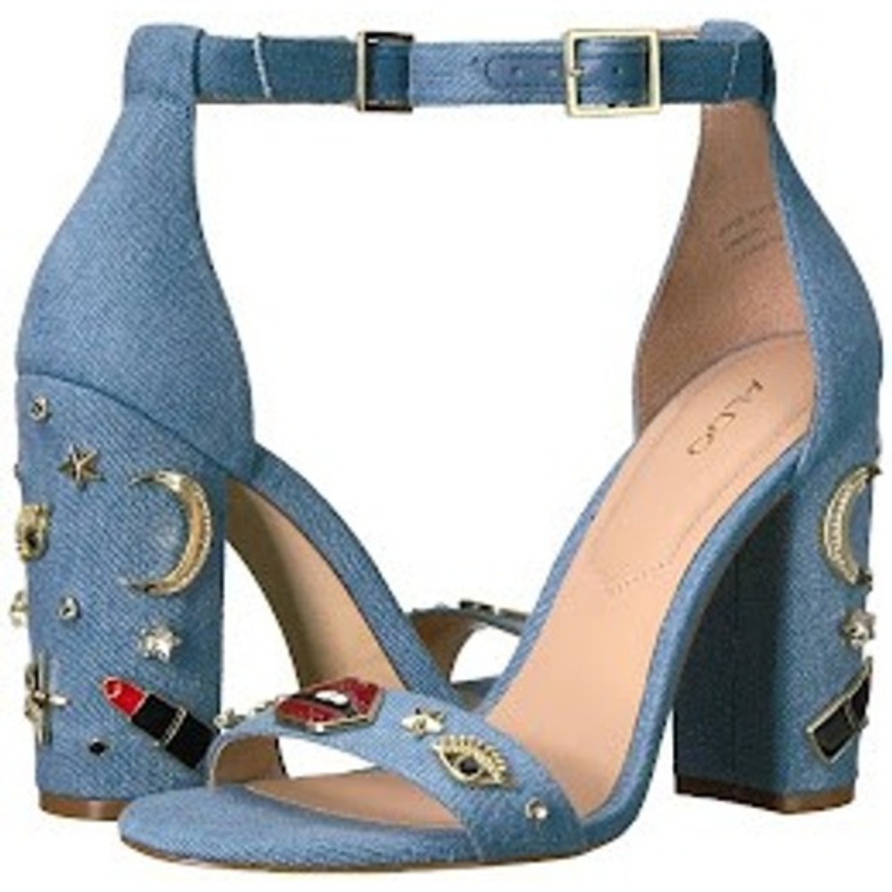 Aldo Denim Block Heel Sandals Blue Jean Charms Lips Moon Stars Womens 5 OOTD Y2K